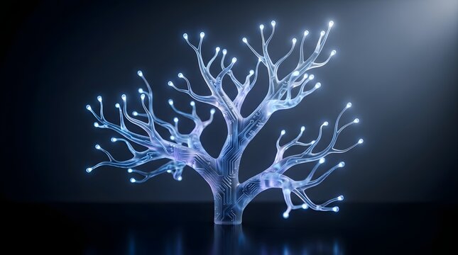 3D Digital Neural Network Tree with Glowing Fiber Optic Nodes and Circuits