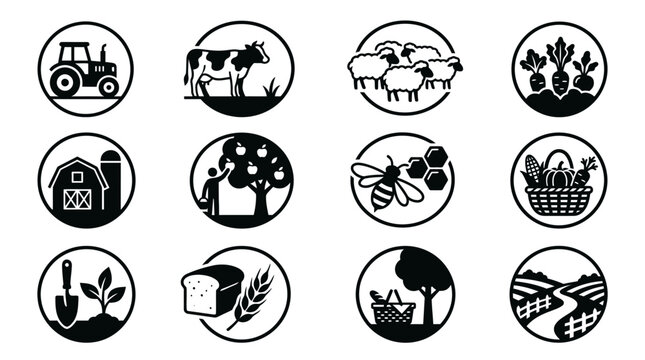 Circular agricultural landscape and livestock badge designs.