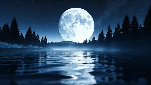 Ethereal moonlight illuminates a misty forest scene with a still lake reflecting the stars