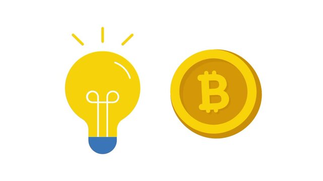Business icon sign, animated lightbulb, light bulb, bitcoin cartoon vector. Making money illustration idea, creative, economic symbol. Simple isolated animation on white screen background template.