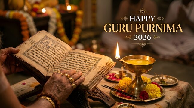 Guru Purnima 2026: Hands reading ancient book near oil lamp, flowers & offerings