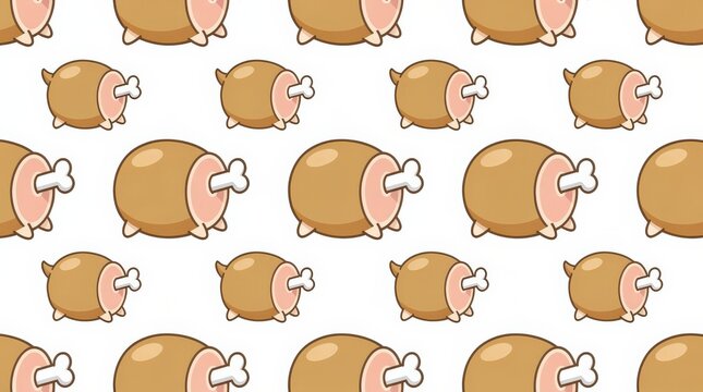 Pattern of cartoon-style cooked ham legs with bone, arranged randomly on a white background.
