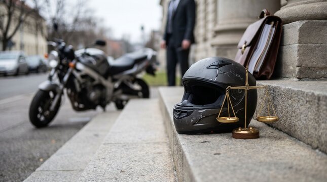 Motorcycle, helmet and justice scale on courthouse steps suggest motorcycle accident lawyer, injury claim and legal help after a crash.