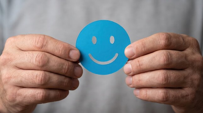 Hands Holding Blue Paper Cutout of Happy Smiley Face in Studio, Symbolizing Positive Mental Health, Emotional Wellness, and Psychological Support Concepts