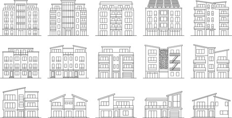 Set of modern eco friendly residential building icons architectural facade vector illustration © Mahsina