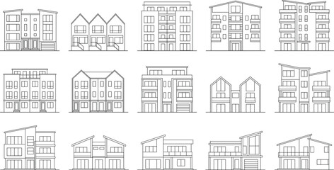 Set of modern residential building line art icons architectural facade vector illustration © Mahsina