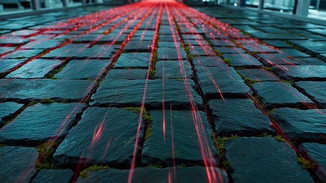 Stone pavement with moss and red light