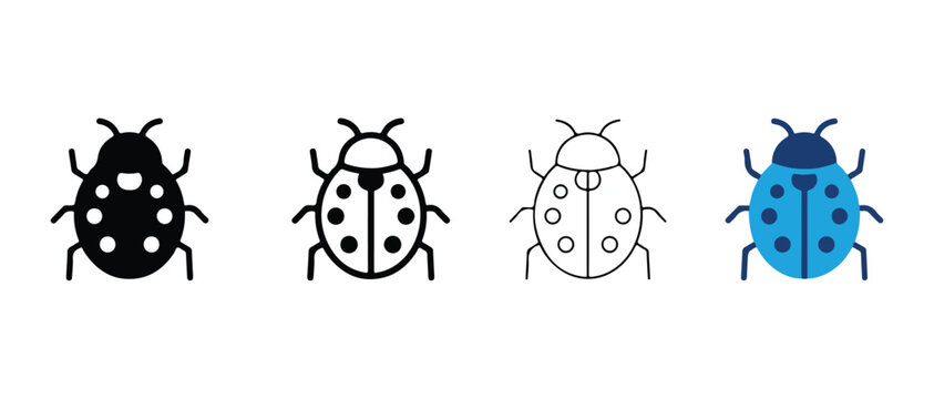 ladybug icons in various colors and styles side by side on white background  ladybugs in black line blue and white