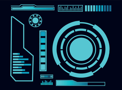 Futuristic digital hud interface elements with glowing blue circular data displays and graphics.