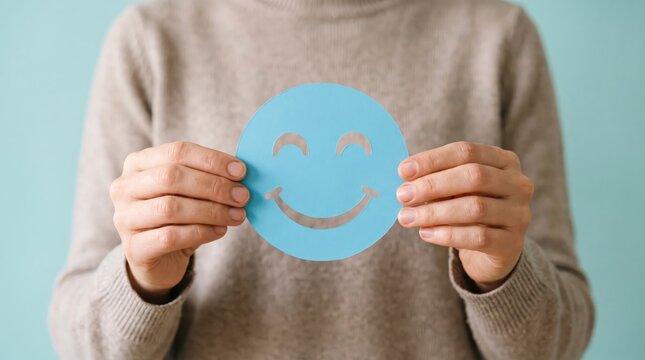 Bare Hands Presenting Blue Paper Cut Smiling Face Representing Mental Wellbeing, Positive Mindset, and Emotional Health Concepts