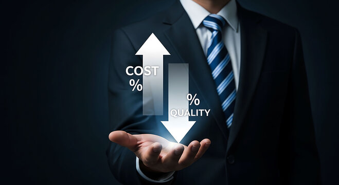 Businessman holding arrow graph showing rising costs and falling quality concepts