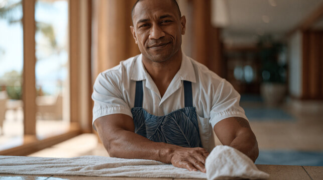 Pacific Islander commercial cleaning supervisor training new hire on hospital-grade floor sanitization protocol, hotel corridor setting, Fiji tourism industry, professional