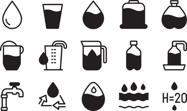 Water Containers and Sources in Black and White Icons Featuring Container, Source, Icon with Droplet and Glass Elements for Jug