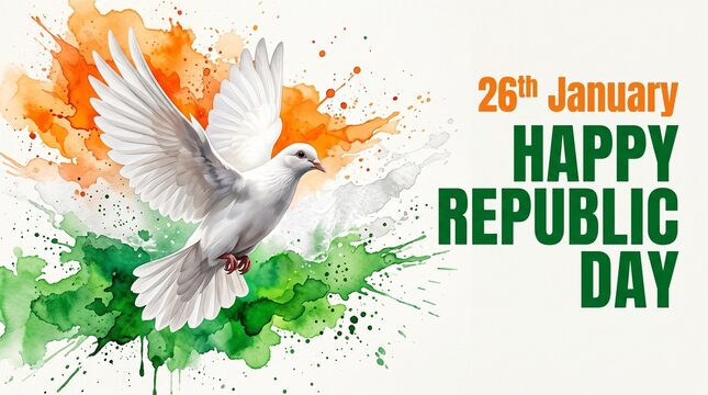 Happy Republic Day 26th January celebration banner, watercolor white dove flying over tricolor paint splashes, patriotic vector background