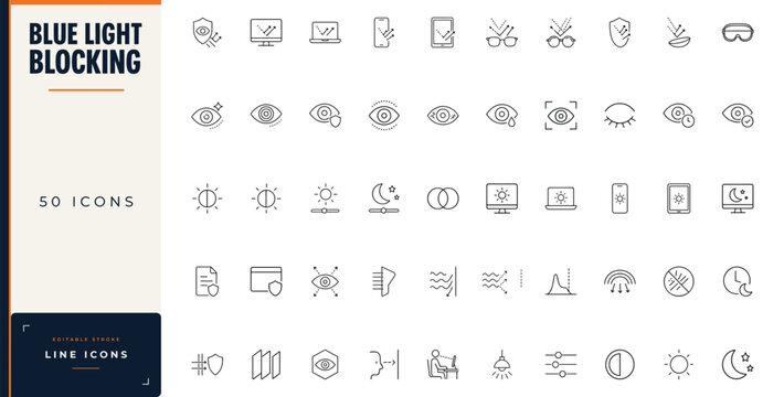 Blue light blocking line icon set featuring eye protection, screen filters, digital wellness, and anti-glare glasses symbols