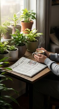 Cozy Hands Holding Coffee Beside Houseplants and Newspaper by Sunny Window