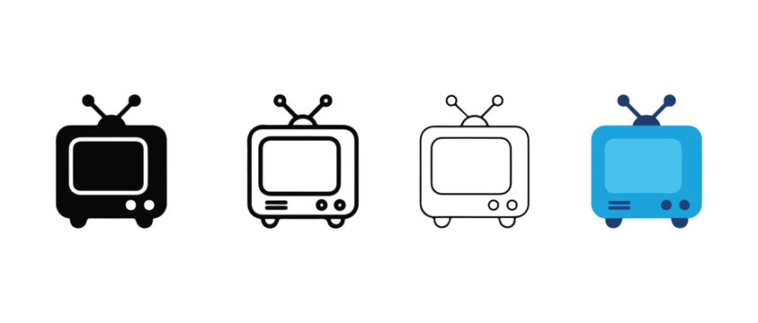 television sets with antennae on white background  old retro TVs in black white and blue colors