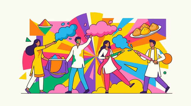 Friends celebrating Holi festival by throwing colorful powder and sharing traditional sweets