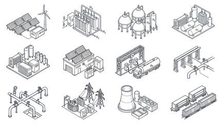 Collection of Industrial and Energy Production Facilities Icons. © Tomo