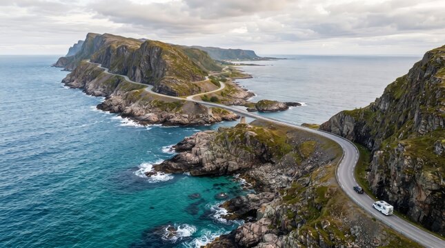 Coastal road winding along rocky cliffs and turquoise waters under a cloudy sky ocean cliffside