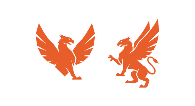 Two orange griffin silhouettes in flight and standing pose.
