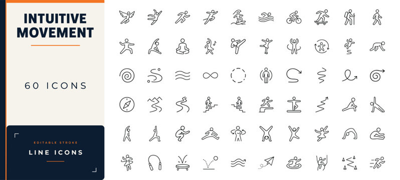 Intuitive movement line icon set featuring physical activity, fitness, yoga, dance, sports, and human motion symbols