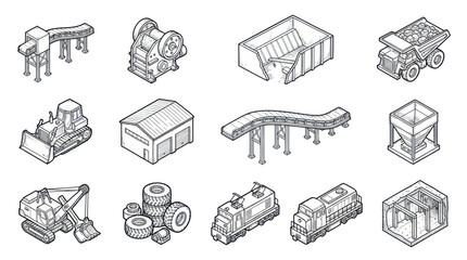 Collection of Industrial Machinery and Vehicles in Isometric View. © Tomo