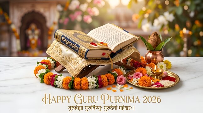 Guru Purnima Celebration: Holy Scripture, Flowers, Oil Lamp, Coconut