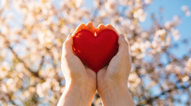 Bright Profile Shot of Bare Hands Holding Red Heart Symbolizing Love, Unity, and Hope Concept in Airy Uplifting Atmosphere Without Face or Head