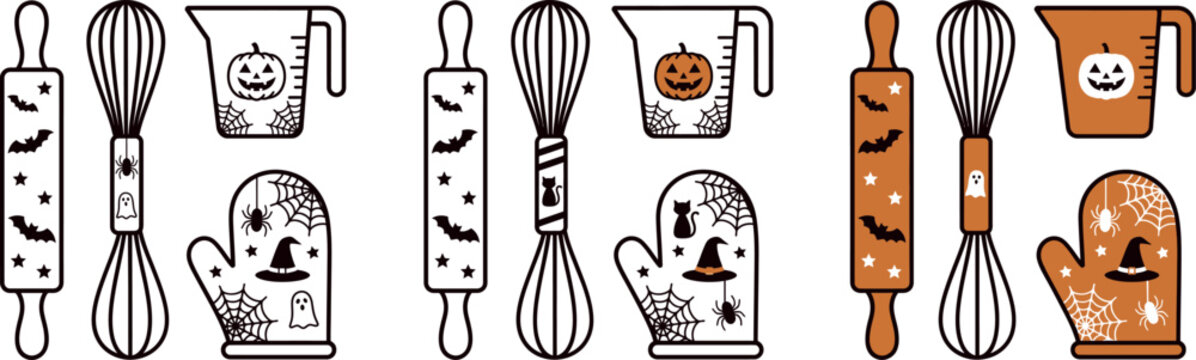 Set of halloween baking and kitchen tools icons