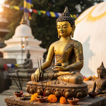 Golden Buddha Statue Seated with Incense and Offerings in Buddhist Temple Courtyard