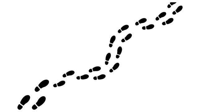A series of black footprints trail upwards in a curved line on a white background leaving a path of footsteps
