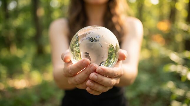 Eco Friendly Concept of Young Woman Hands Cradling Crystal Clear Earth Glass Sphere with Frosted Continents in Sun Drenched Lush Green Forest for Environmental Awareness and Planet Protection