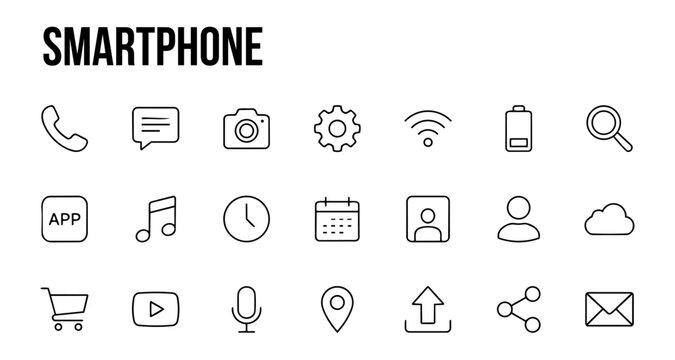 Smartphone icons including phone, camera, settings, app, music, and more on white background for mobile and tech designs