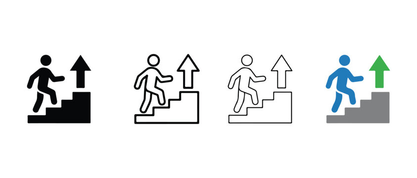people running up stairs with arrows pointing upwards on white background  business success and growth concept