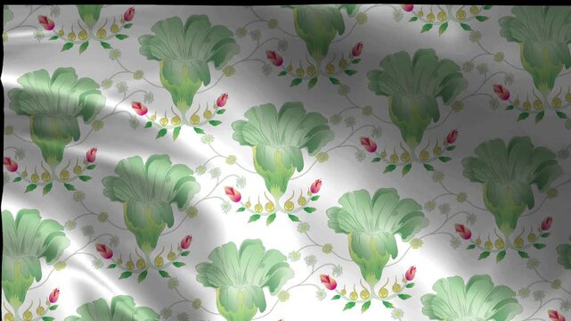 White Fabric with Green Leafy Botanical Pattern and Red Berries