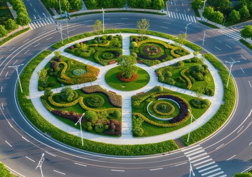 Elevated view of a beautifully landscaped circular park island designed as a central feature in modern urban planning infrastructure, public space, trees, circular park