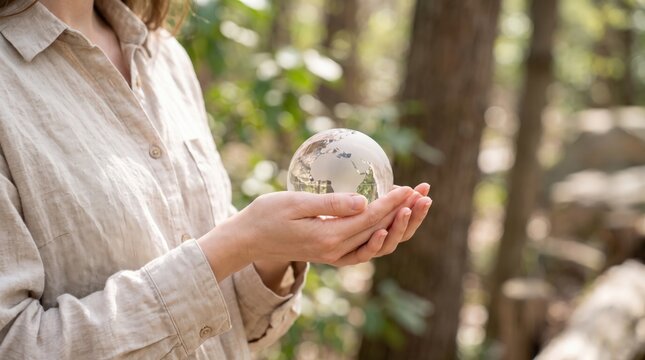 Close-Up of Young Woman Wearing Natural Linen Shirt Holding Crystal Glass Earth Ornament in Diffused Sunlight, Celebrating Eco-Conscious Lifestyle, Environmental Awareness, and Global Sustainability 