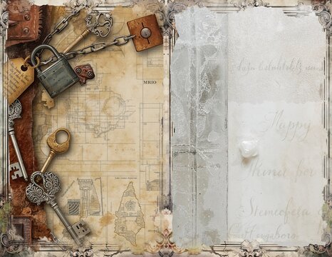 Antique keys a heavy padlock with a chain and faded blueprint sketches on aged parchment paper