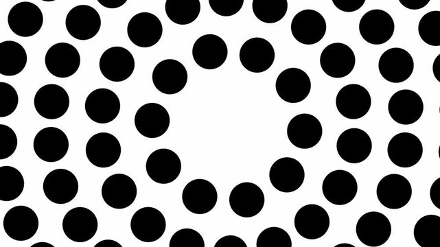 Polka dots expand from the center in a monochrome abstract 3D animation loop featuring large black circles on a clean white background screen design
