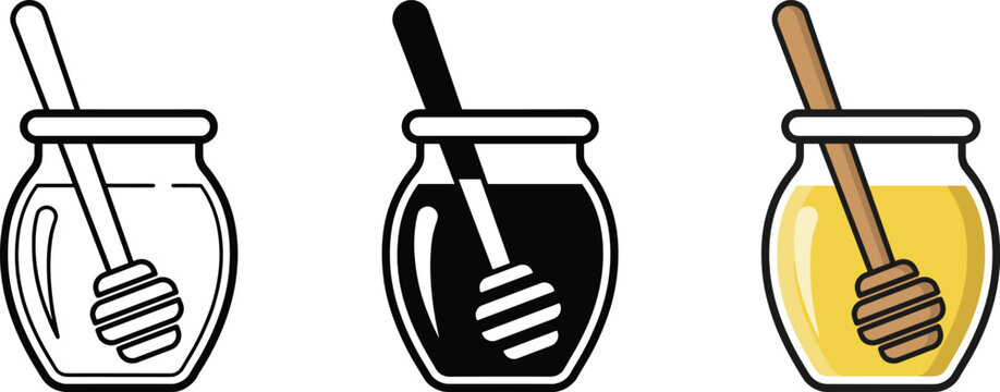 Honey glass jar with wooden dipper wand stick icons pack featuring line art, silhouette, and colored graphic variations isolated on white background for organic food branding..eps