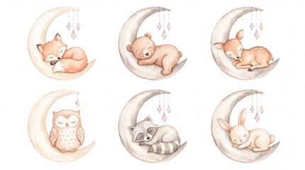 Fototapeta premium Dreamy watercolor baby animals sleeping on crescent moons, a charming collection of woodland creatures for nursery decor and children's designs, soft pastel illustrations.