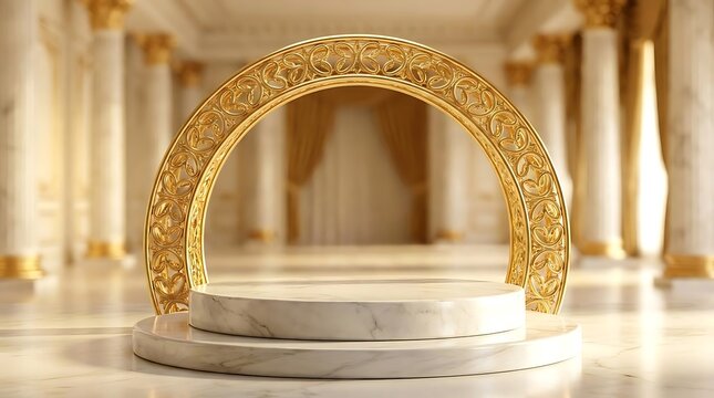 Golden ornate arch on marble pedestal in grand hall