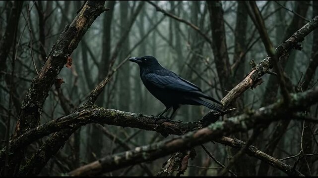 Black raven perched on a branch in a dark misty forest