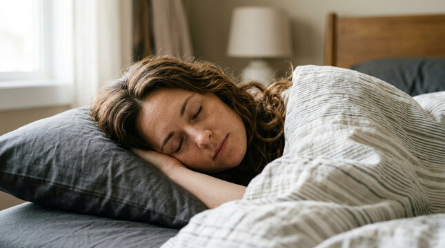 Peaceful Woman Sleeping Soundly in Cozy Bed with Soft Morning Light