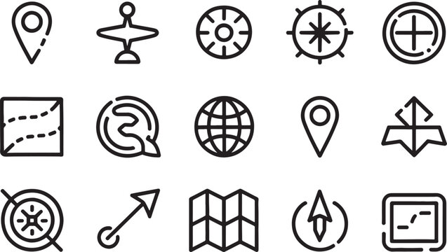 Navigation Icons Set with Compass, Map, and Location Markers Featuring Marker, Pin, Direction with Travel and Globe Elements