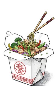 Colorful Asian Noodle Takeout Box with Chopsticks on White Background