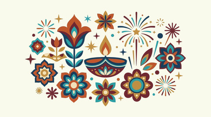 Colorful festive floral pattern with a traditional oil lamp and fireworks © sani