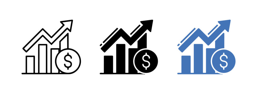 Business growth and financial success icons with bar graphs and dollar signs in black and blue colors on white background