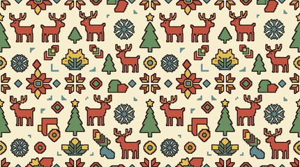 Pixel art pattern featuring festive reindeer and winter trees © sanih